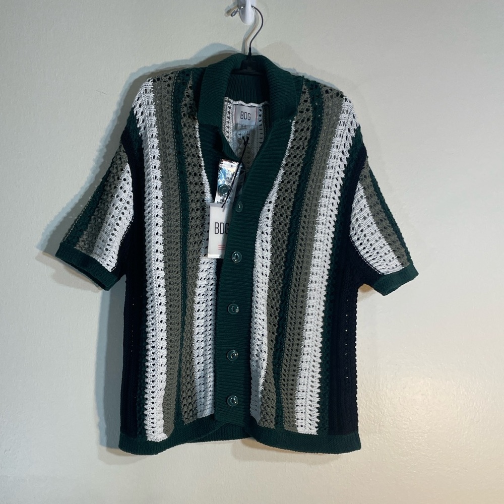 BDG Crochet Knit Button-Down Shirt • Green/White Striped • Size S • NWT
